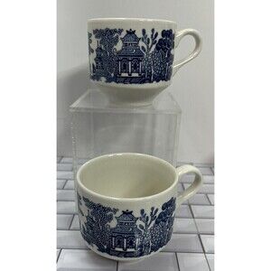 Blue Willow Churchill England Tea Cups Coffee Cups Set Of 2 Vintage Cottage